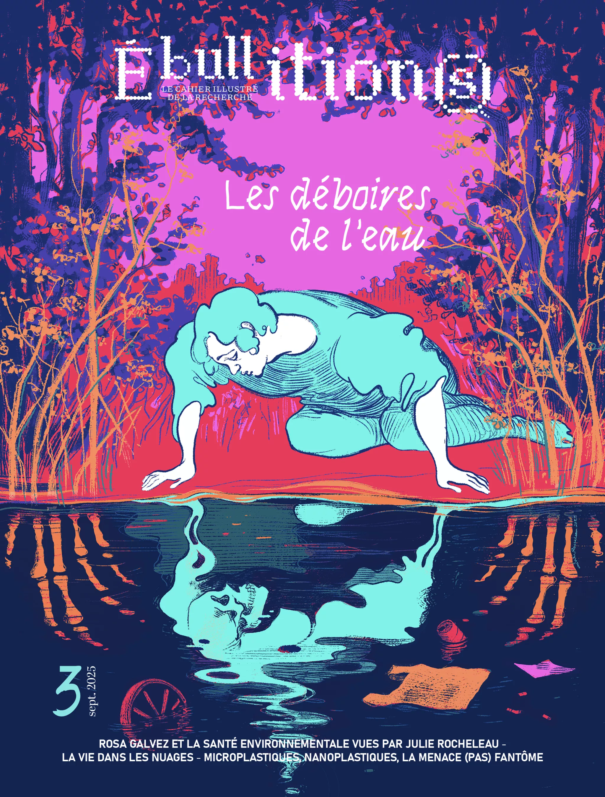 La couverture du numéro montre un homme agenouillé et penché au bord de l'eau. Il regarde son reflet qui est un squelette. Dans l'eau on devine des déchets qui flotte. Les arbres au bord de l'eau se reflettent également sous la forme de squelette